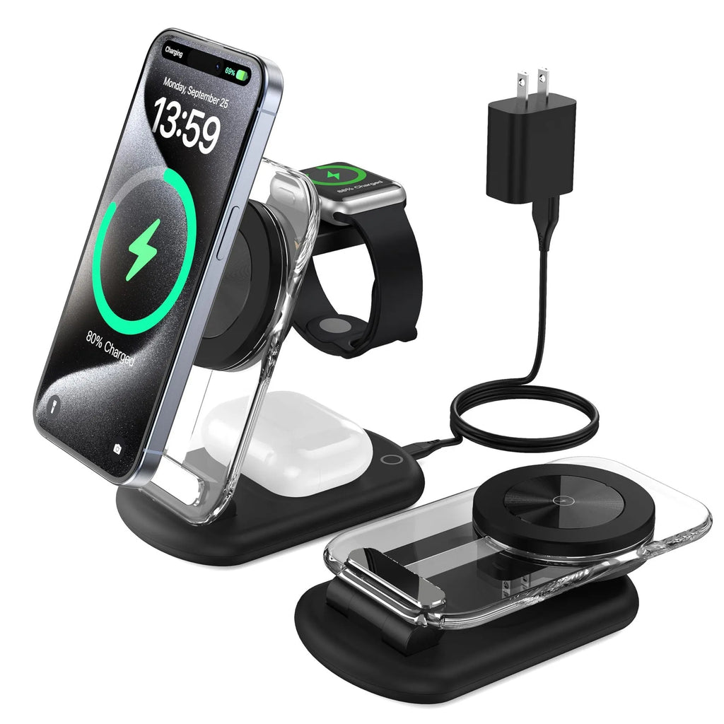Transparent folding three-in-one magnetic wireless charger in black or white colour, showing fast charge QC3.0 support.