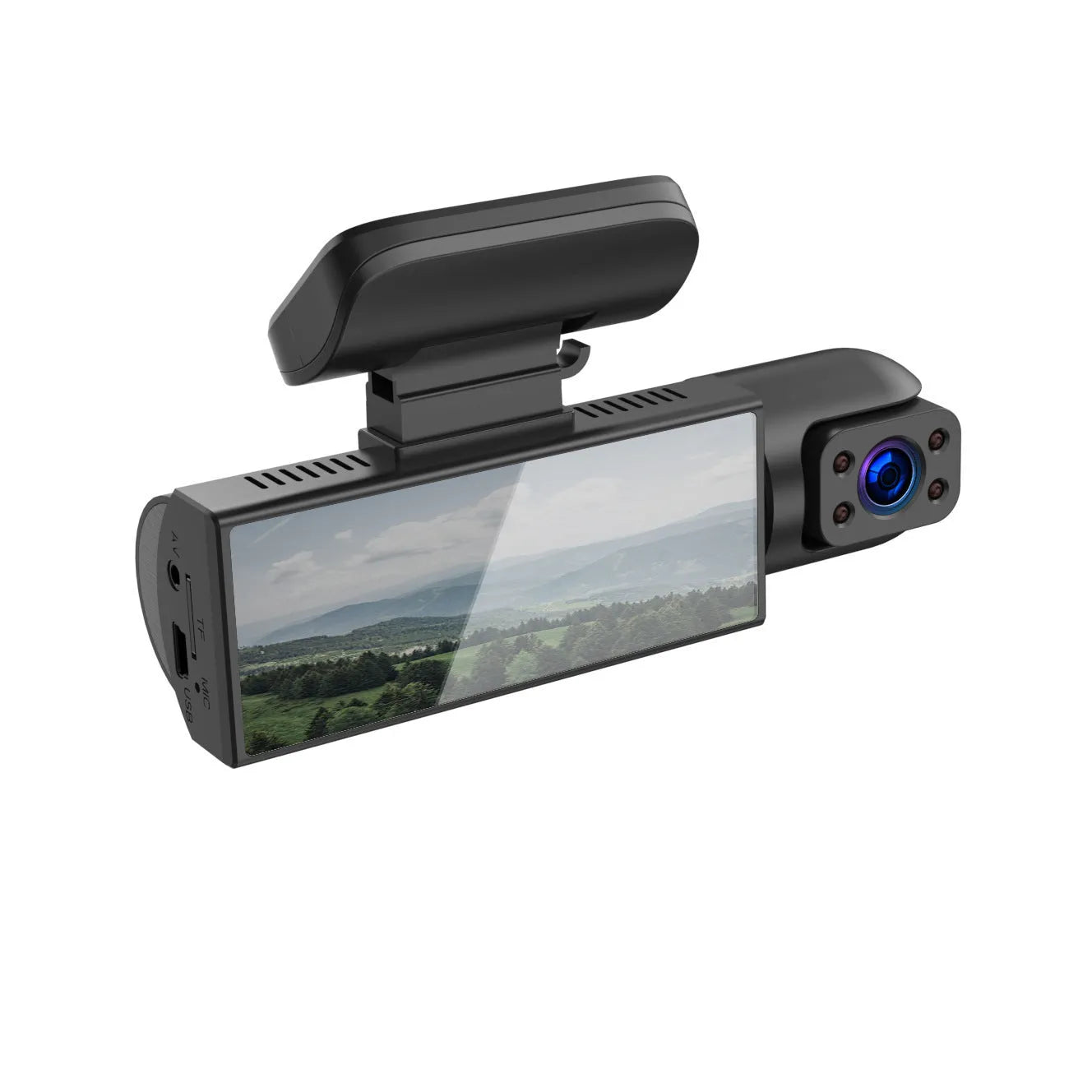 Dual-lens HD driving recorder with 3.5-inch LCD screen mounted on car windshield.