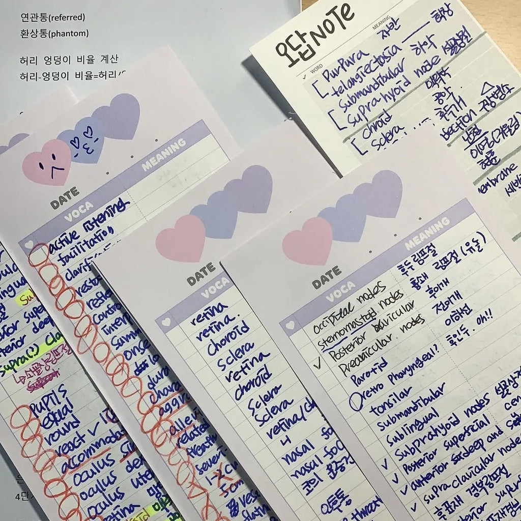 Vertical English words learning notepad with half B5 size measuring 9.1 by 25.7cm