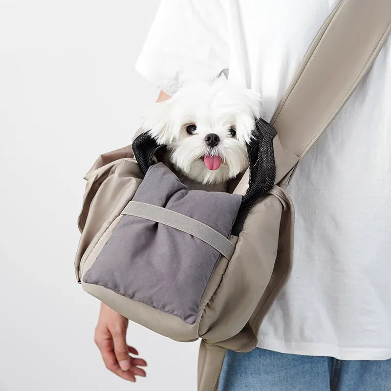Apricot cloth pet carrier bag measuring 41x16x28cm with handbag-style design
