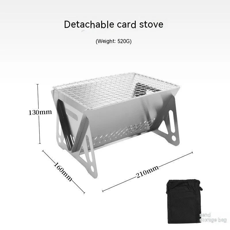 Folding stainless steel outdoor barbecue oven with large grill rack and storage bag.