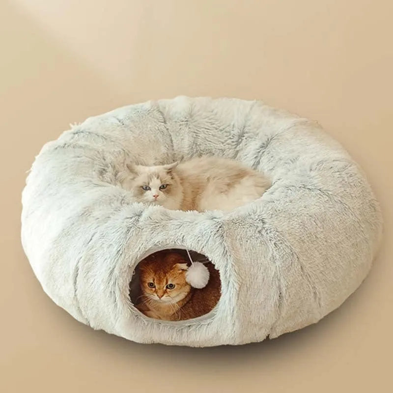 Plush collapsible cat bed with tunnel, non-slip base, and removable washable cushion for indoor pets
