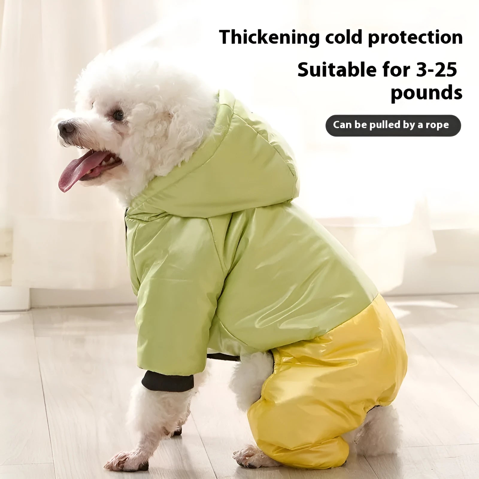 Green four-legged dog cotton padded coat with waterproof windproof features