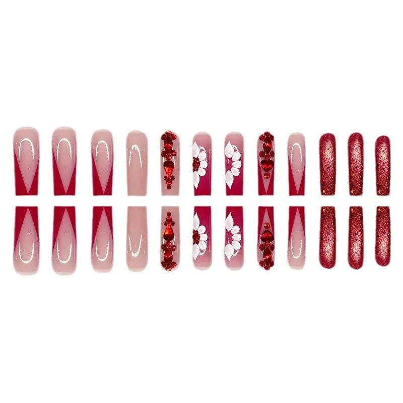 Sweet Flowers Prismatic Red Diamond removable fake nails set with jelly glue and nail file