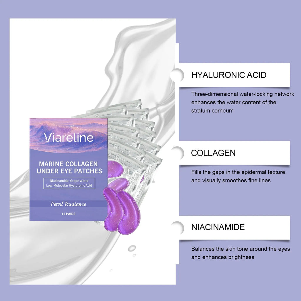 Pack of 12 collagen and hyaluronic acid moisturising eye masks for daily skincare.