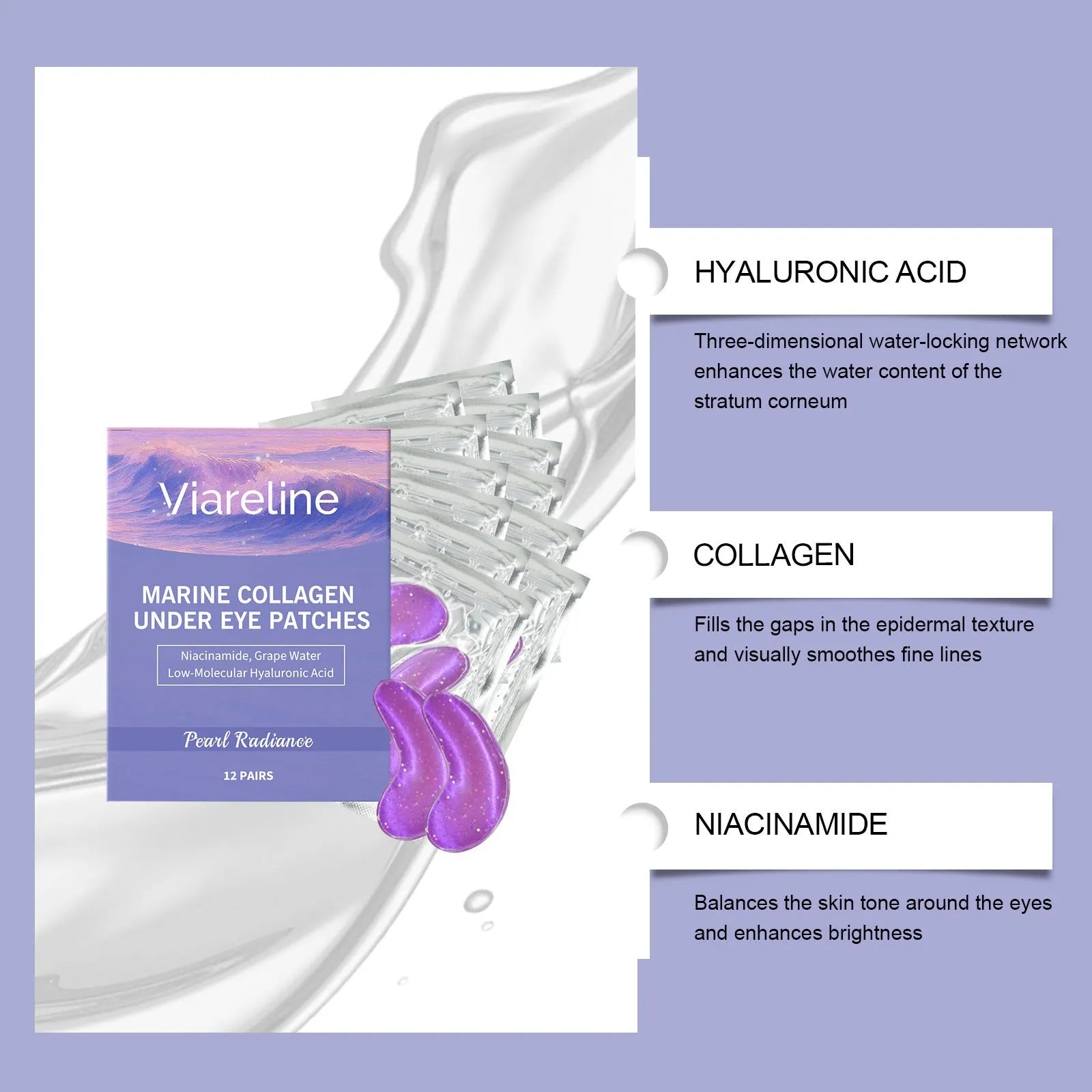 Pack of 12 collagen and hyaluronic acid moisturising eye masks for daily skincare.