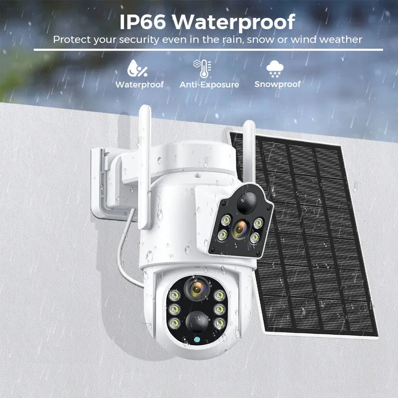 White outdoor solar-powered wifi security camera with solar panel on a wall