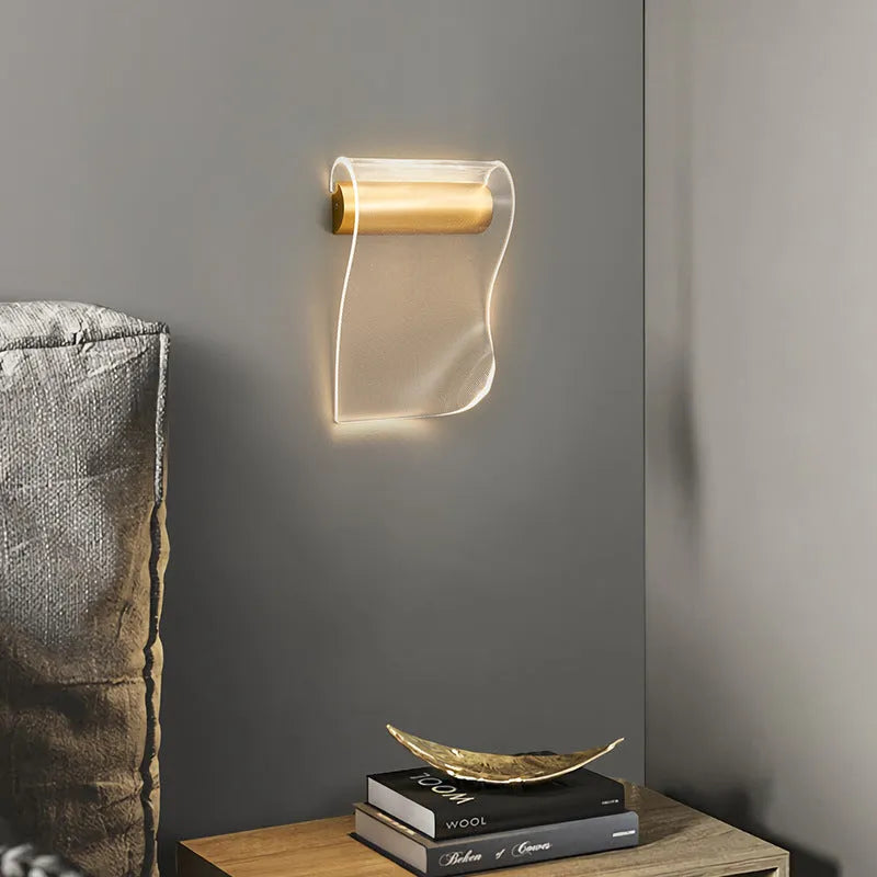 White acrylic shade wall lamp with left bend design on an iron bracket.