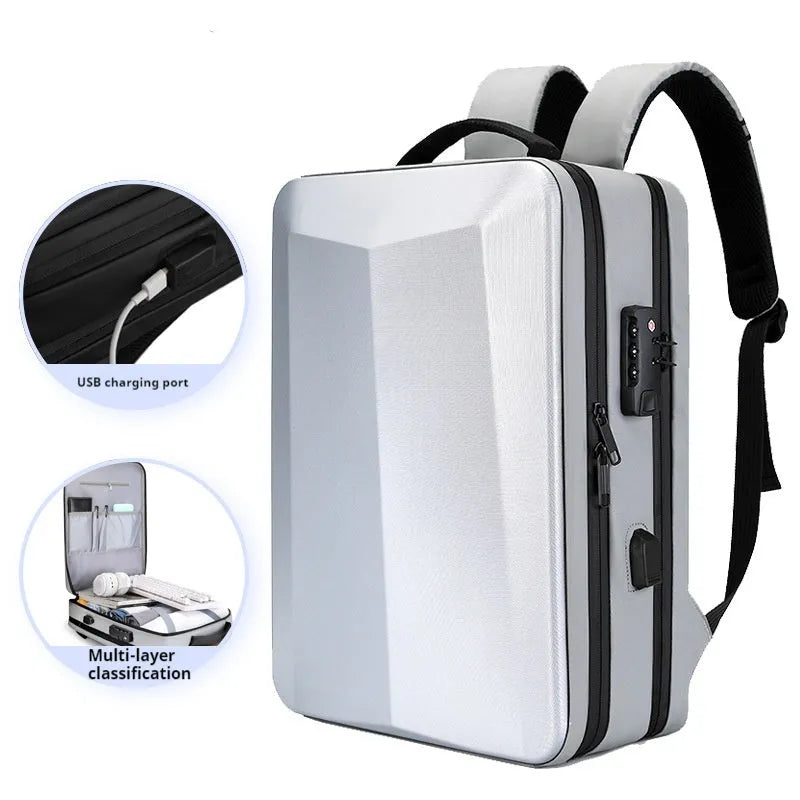 Waterproof ABS PC Oxford cloth business backpack with curved shoulder straps in black or silver white