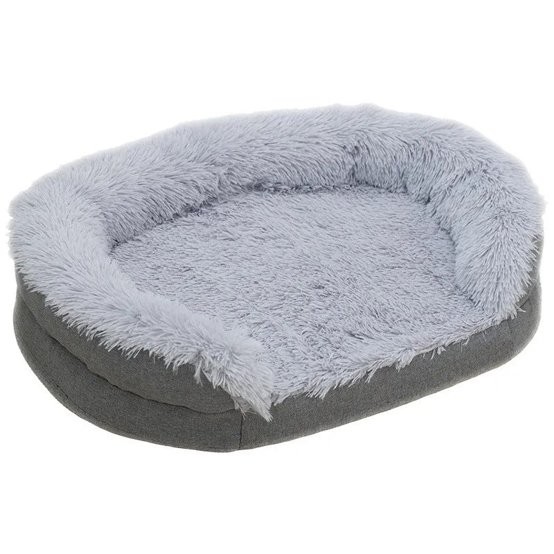 Grey winter warm pet plush large kennel for dogs with long wool finish, oval open nest design