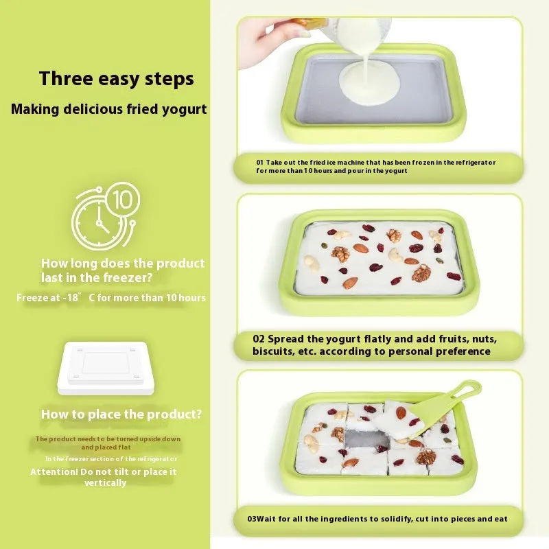 Green children's DIY fried yogurt machine on a kitchen counter