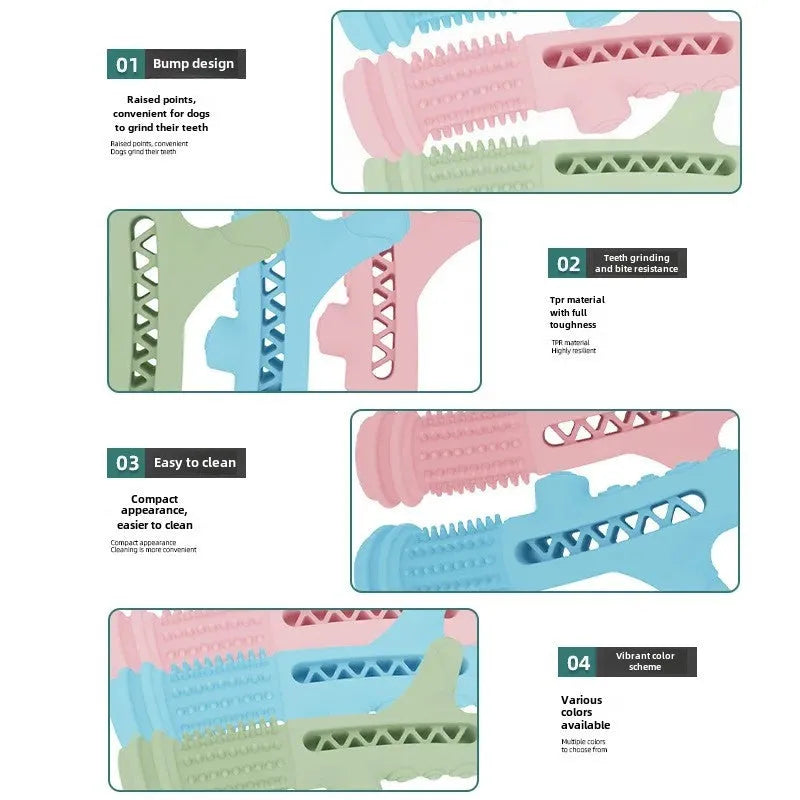TPR dental tree branch chew toy for small dogs in blue, green, or pink colours.