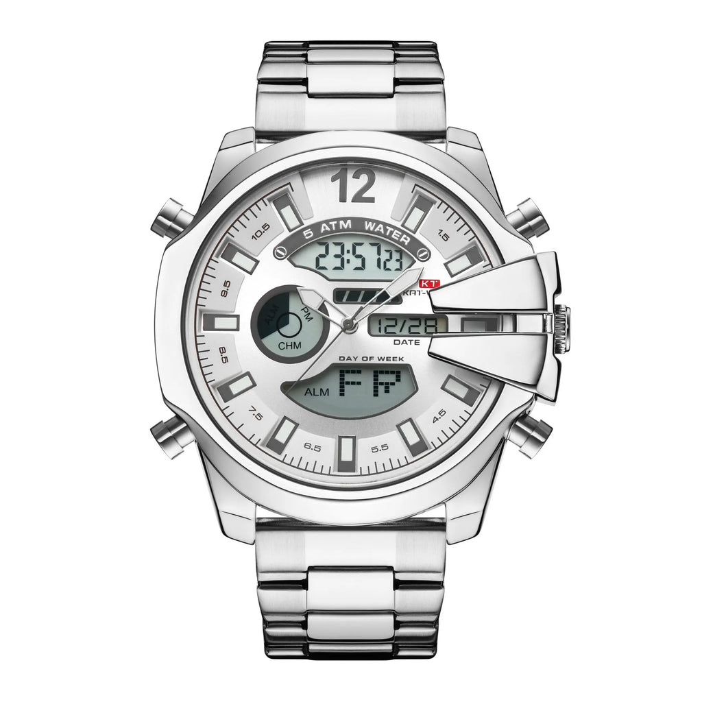 Men's dual display alarm LED sports watch with 55mm round mineral glass dial and stainless steel strap, black colour