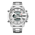 Men's dual display alarm LED sports watch with 55mm round mineral glass dial and stainless steel strap, black colour