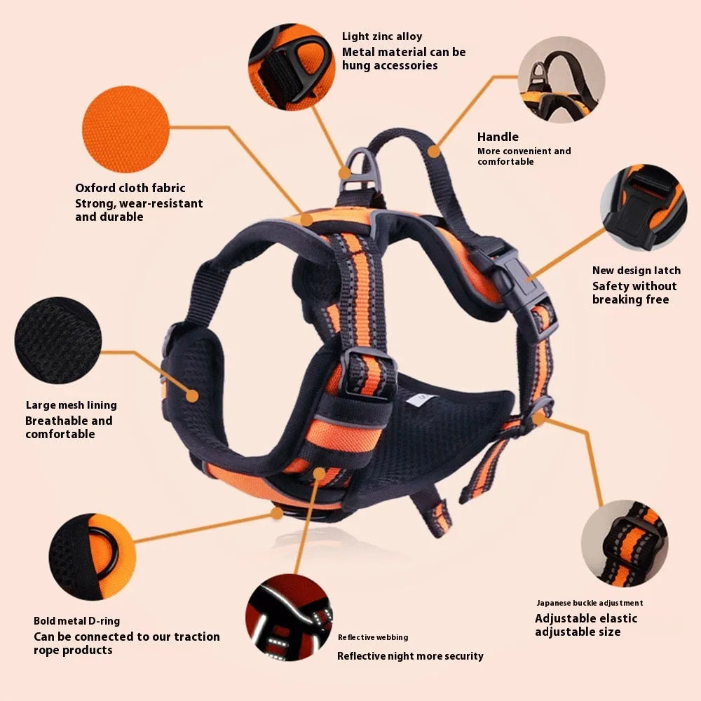 Adjustable dog chest strap harness in Oxford cloth, shown in various colours and sizes.
