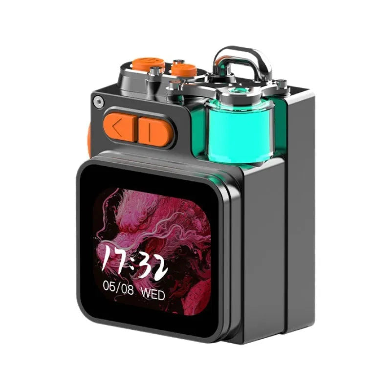 Dark grey portable Bluetooth speaker with a touch screen panel on its front.