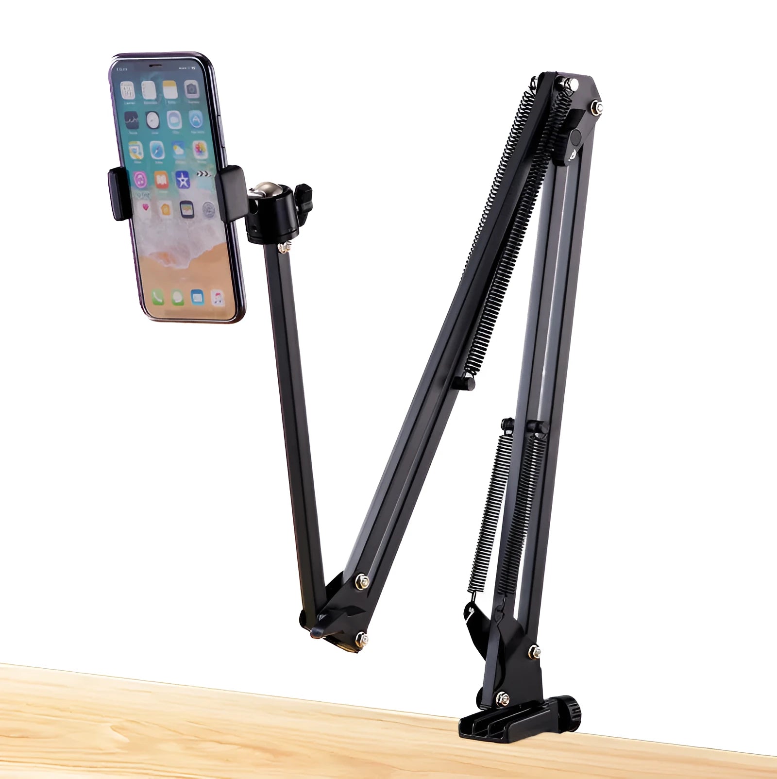 Black foldable metal desktop cantilever bracket holding a tablet, showing multi-angle adjustment.