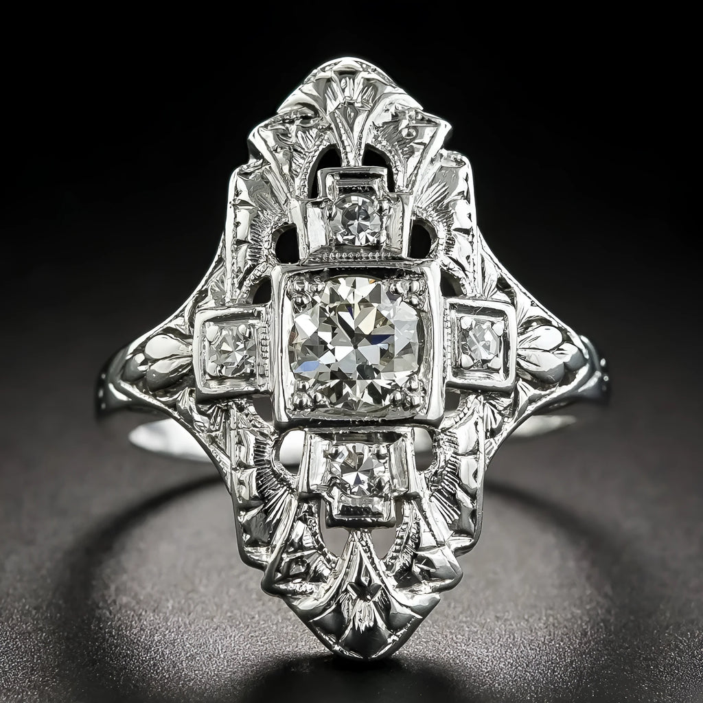 Silver electroplated hollow out geometric copper ring with diamond studs on finger