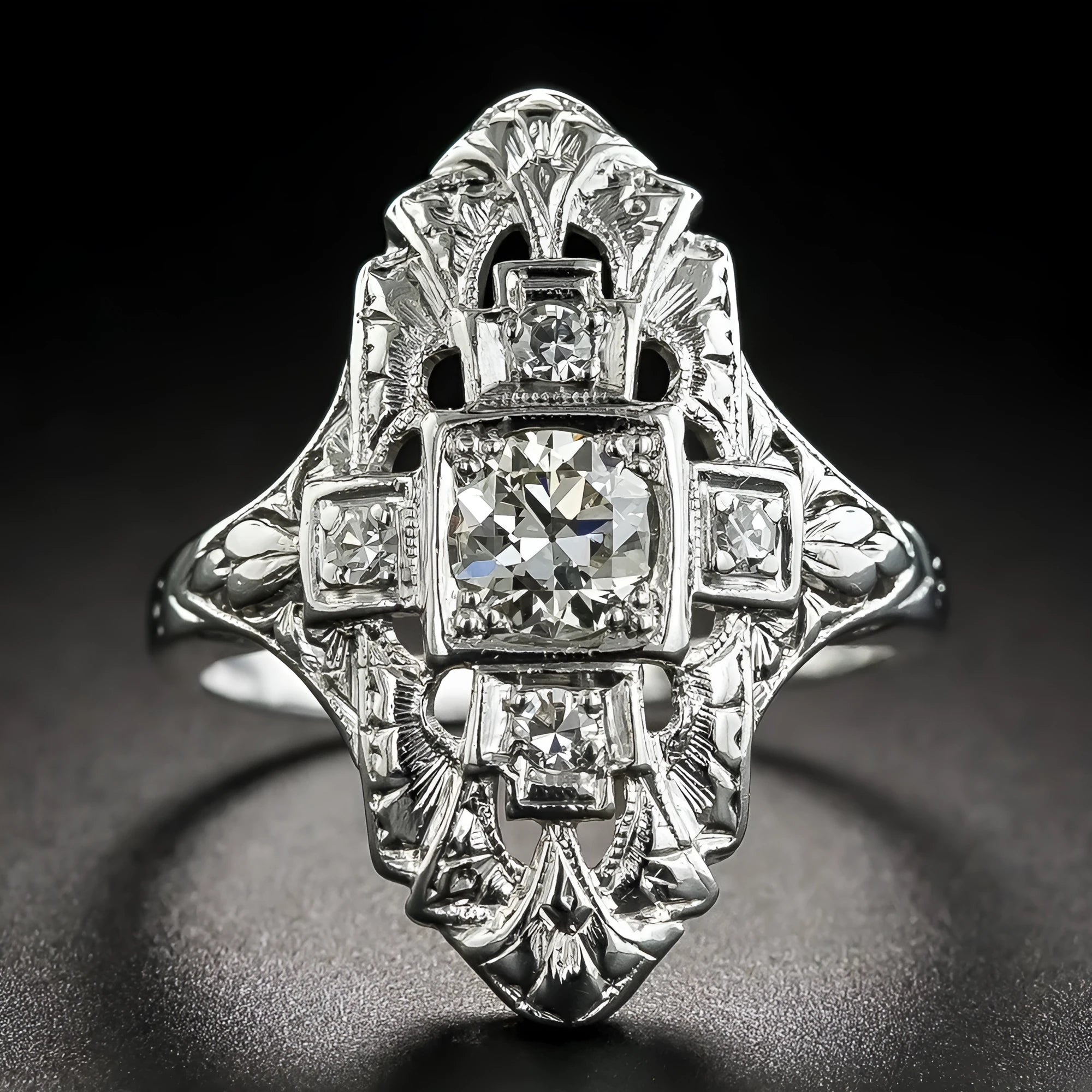 Silver electroplated hollow out geometric copper ring with diamond studs on finger