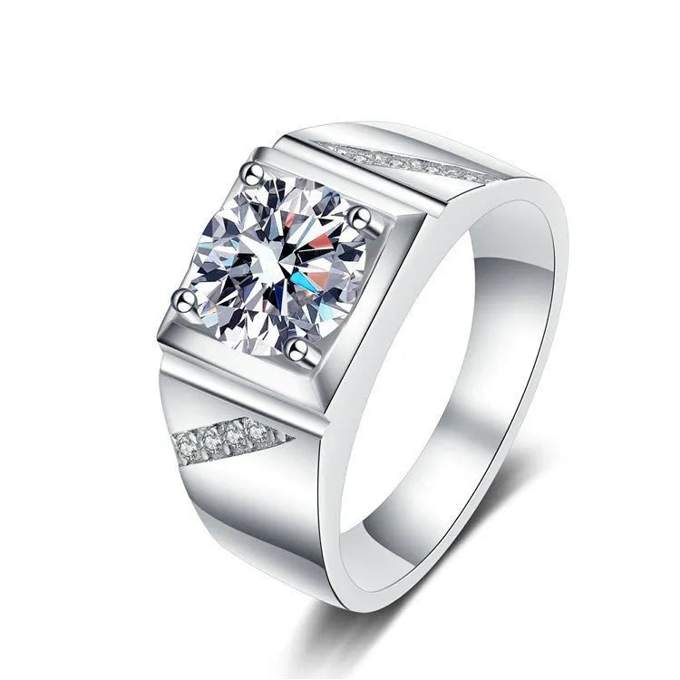 Men's adjustable square diamond ring in gold or platinum finish on copper.