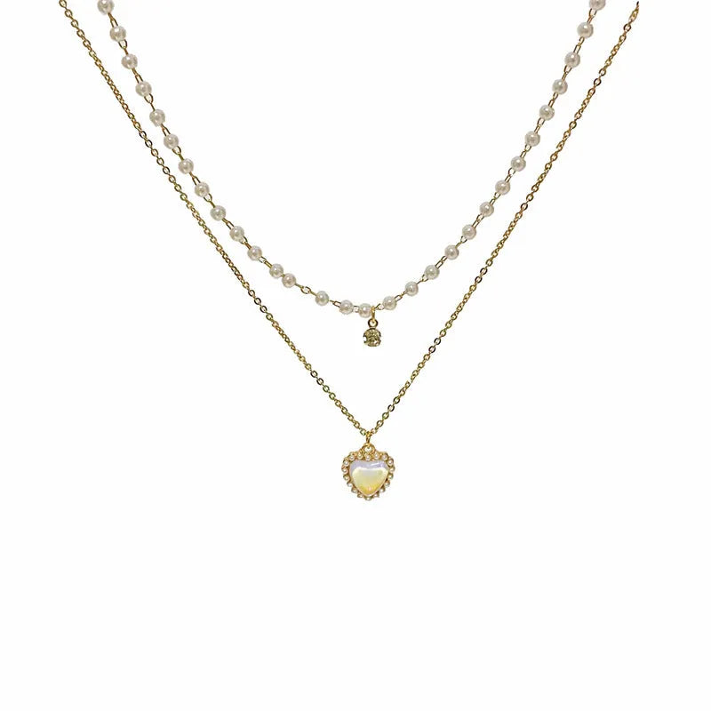 Gold electroplated heart-shaped double-layer necklace on woman, zinc alloy, adjustable 21-50 cm circumference