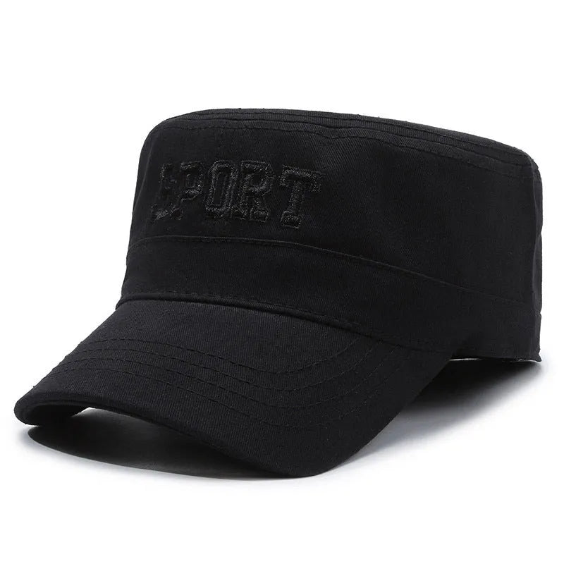 Men's adjustable cotton flat-top peaked cap in army green with dome crown and letter detail.