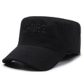 Men's adjustable cotton flat-top peaked cap in army green with dome crown and letter detail.