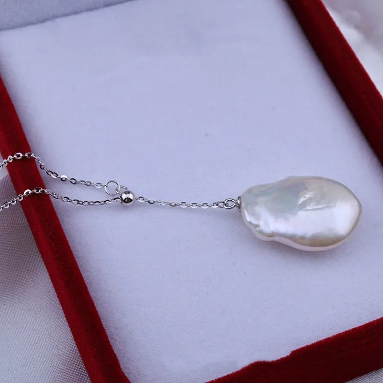 Freshwater pearl shaped baroque pendant on 925 sterling silver button necklace, natural water flow style, silver colour