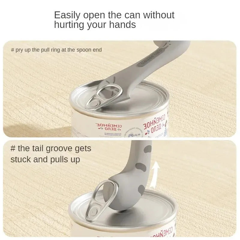 Pet food accessory set with can opener, mixing spoon, and silicone sealing lid in choice of colours