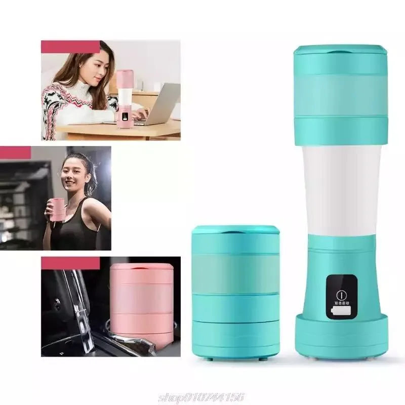 Blue and pink portable USB blender with telescopic design and 450ml silicone cup