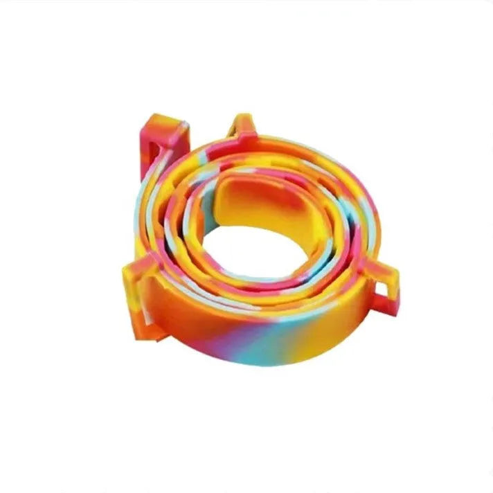 Rainbow plastic flea collar for cats and dogs, showing 38cm and 62cm sizes.