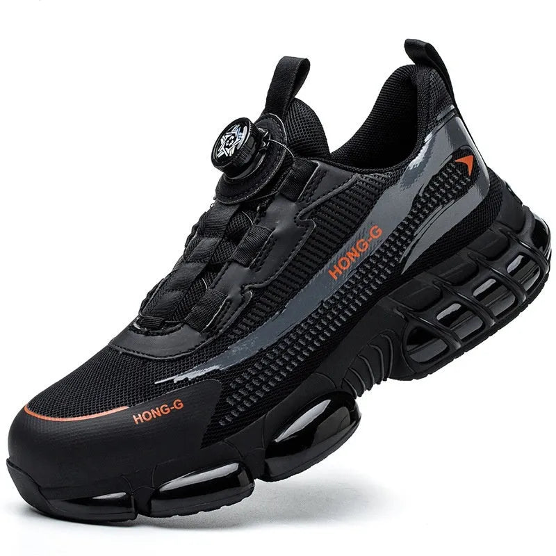 Lightweight black anti-smash safety work shoes with front lacing and a steel toe cap