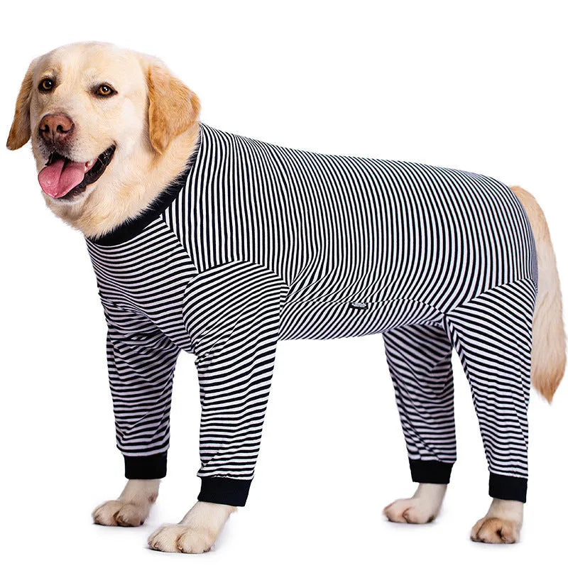 Thin striped polyester dog shirt for golden retrievers and labradors in four-legged design