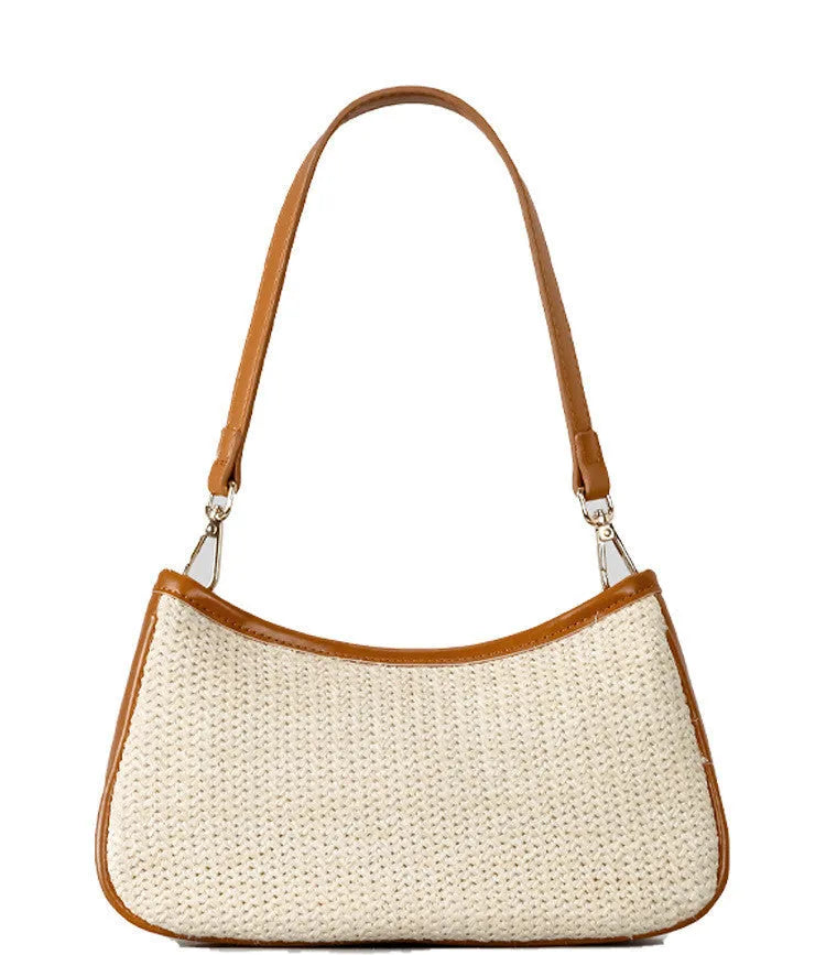 Khaki hand-woven straw crossbody bag with a single strap and contrasting detail.