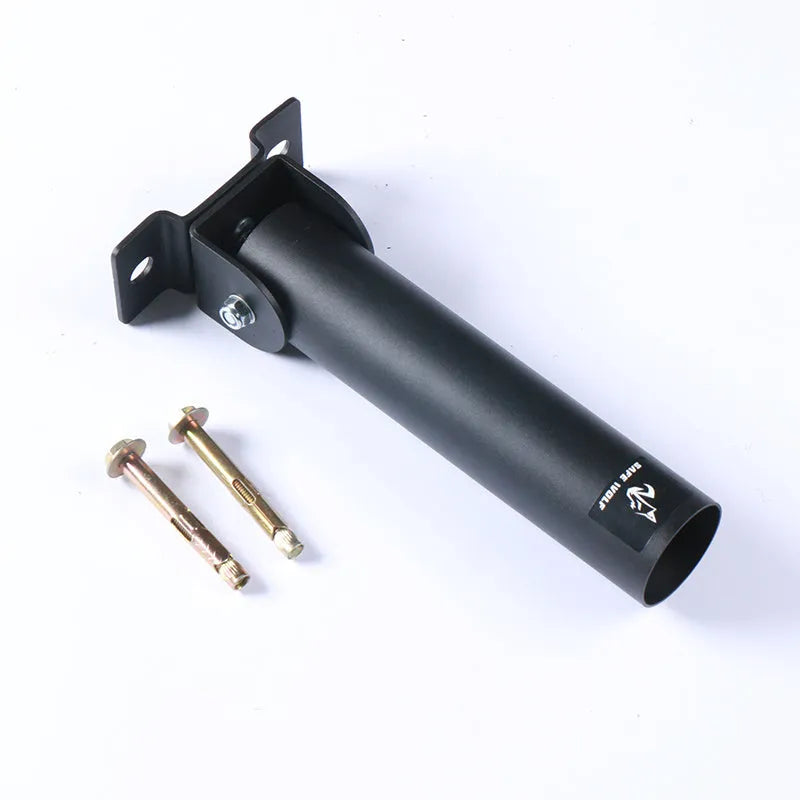 Steel wall rack with 25 tubes for storing barbell rods or gun barrels.