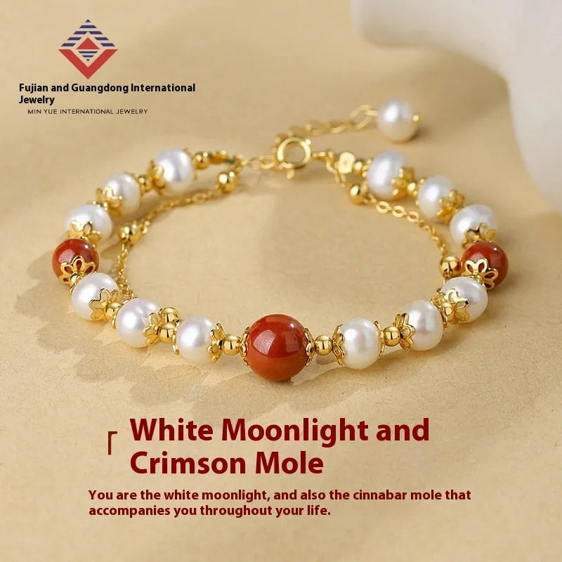 Sterling silver double-layer bracelet with cinnabar red beans and freshwater pearls in geometric design