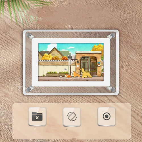 5-inch transparent acrylic digital photo frame with IPS screen and anti-dumping bracket, showing a photo on display