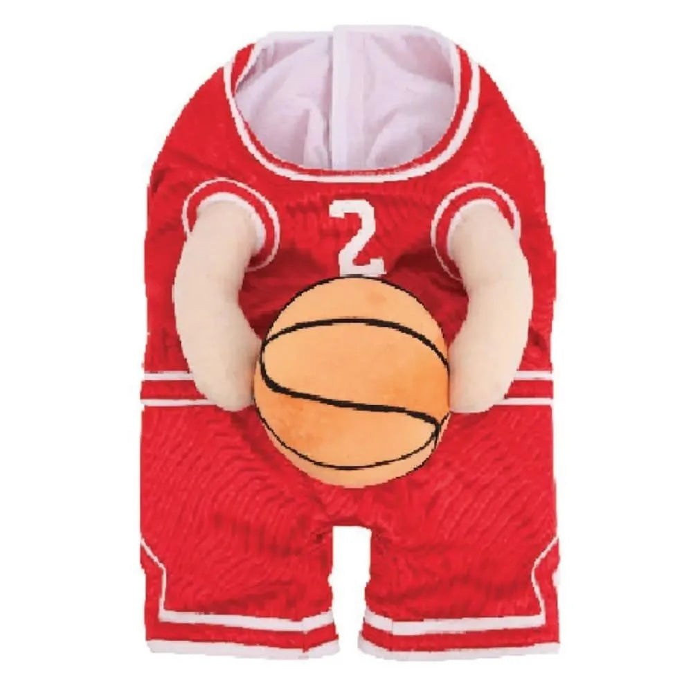 Dog wearing red basketball jersey costume with matching basketball ball accessory