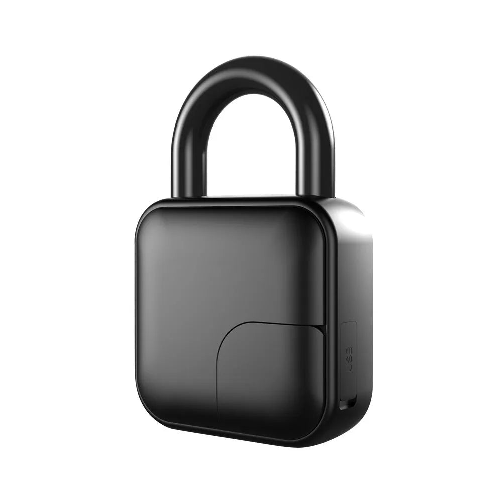 Black zinc alloy smart fingerprint padlock with Bluetooth remote, L3 model, on a blue background