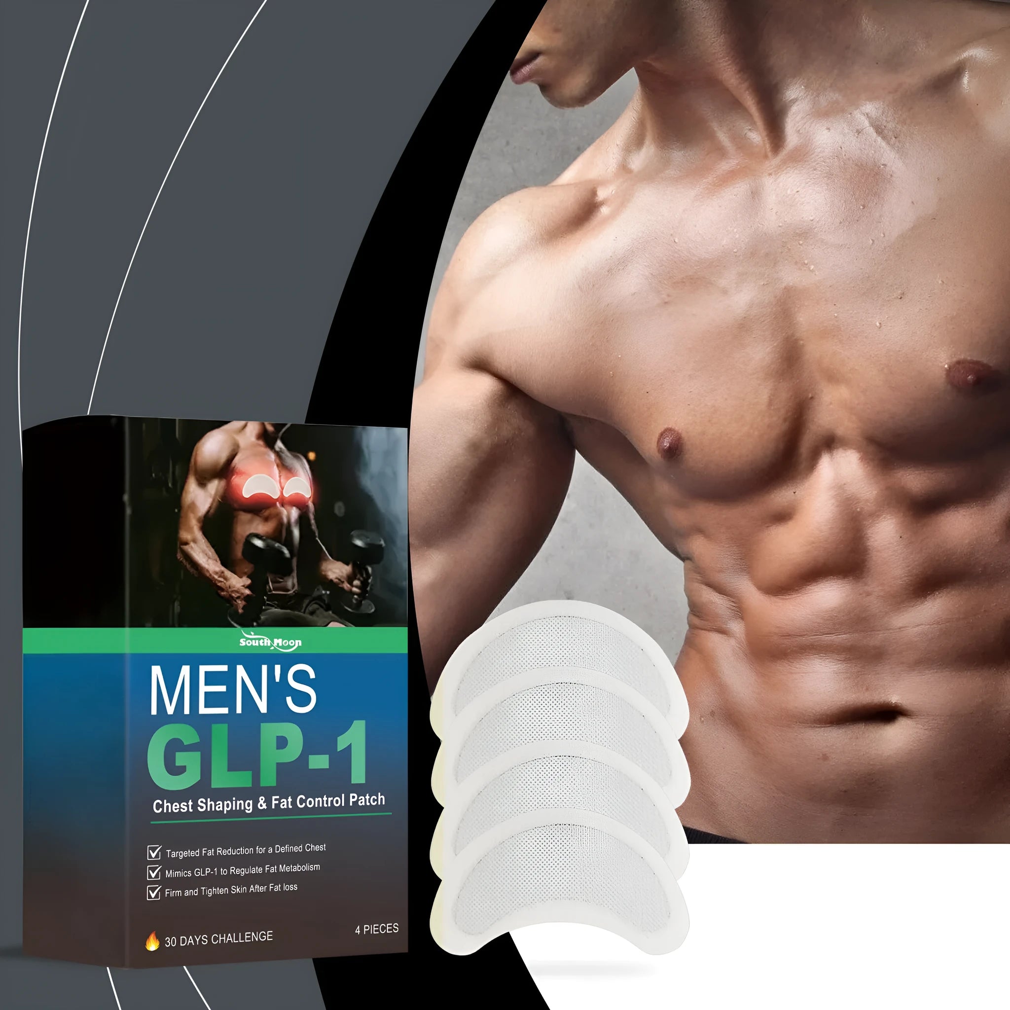 Four men's figure control chest patches on backing sheet, showing thin compact design