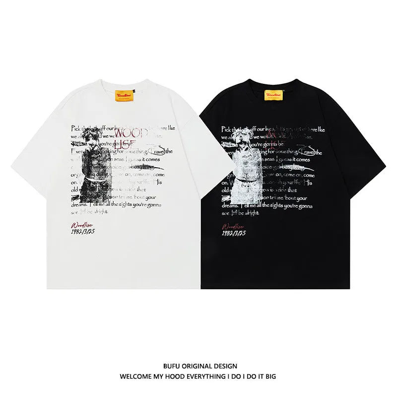 Black and white men's loose pure cotton t-shirt with short raglan sleeves and hip hop letter printing