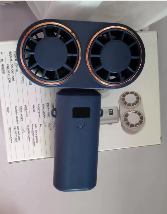 Dark blue handheld mini fan with a digital display screen and a folded neck loop.
