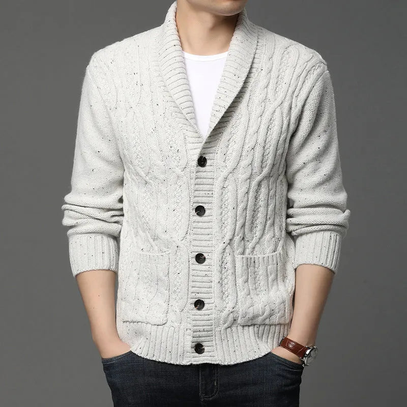 Men's black Korean style jacquard pattern knitted cardigan jacket on a hanger