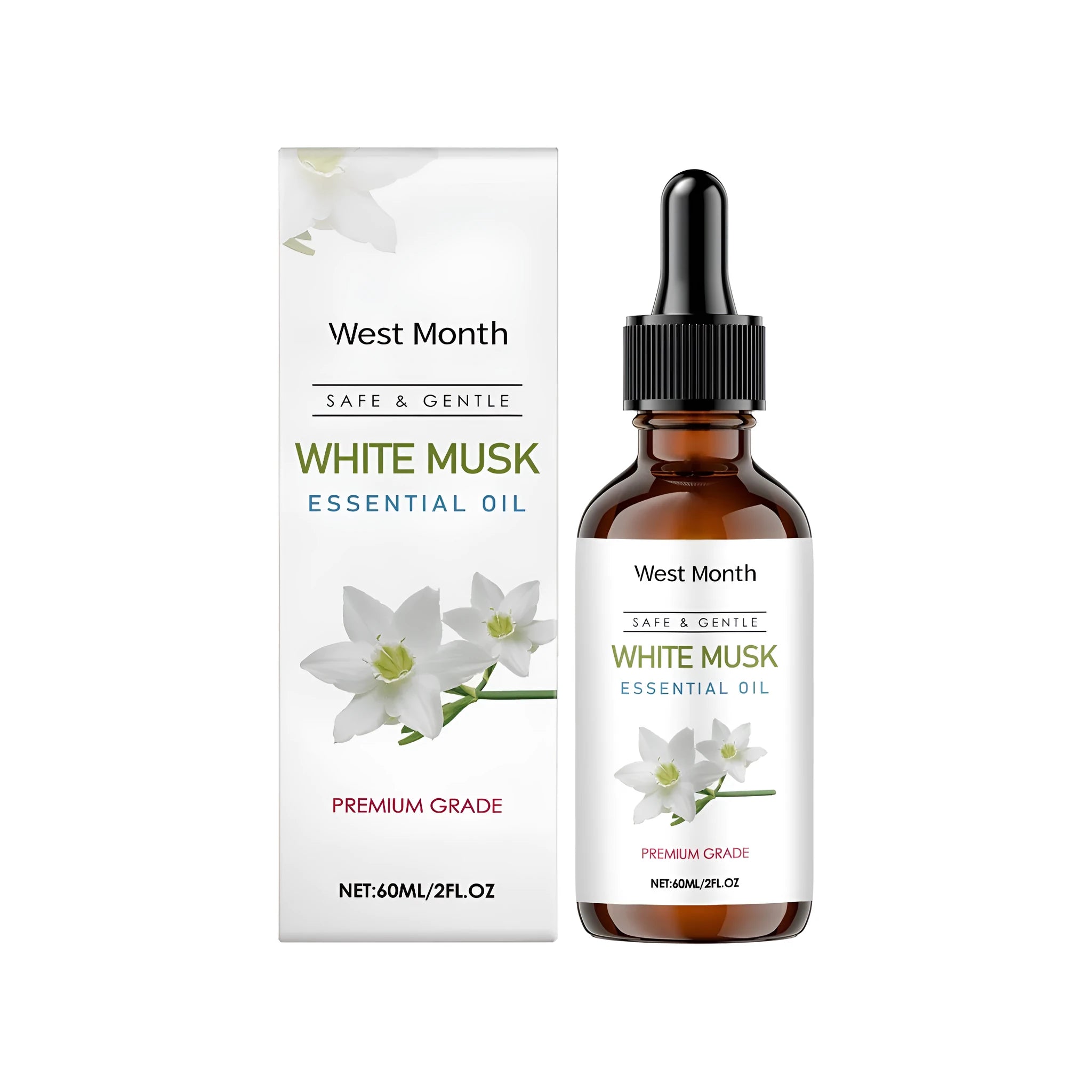60ml bottle of White Musk Soothing Oil Plant body fluid with a label listing glycerin, Vitamin E and musk leaf extract.