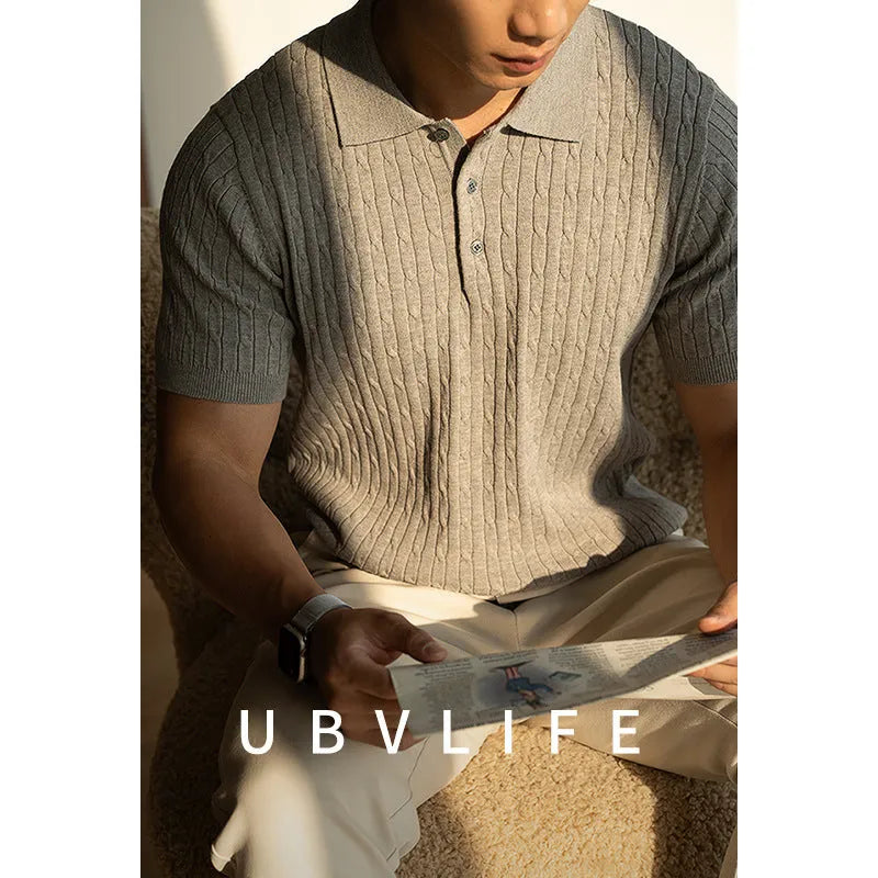 Men's khaki short sleeve top for business wear, showing front view on a model.