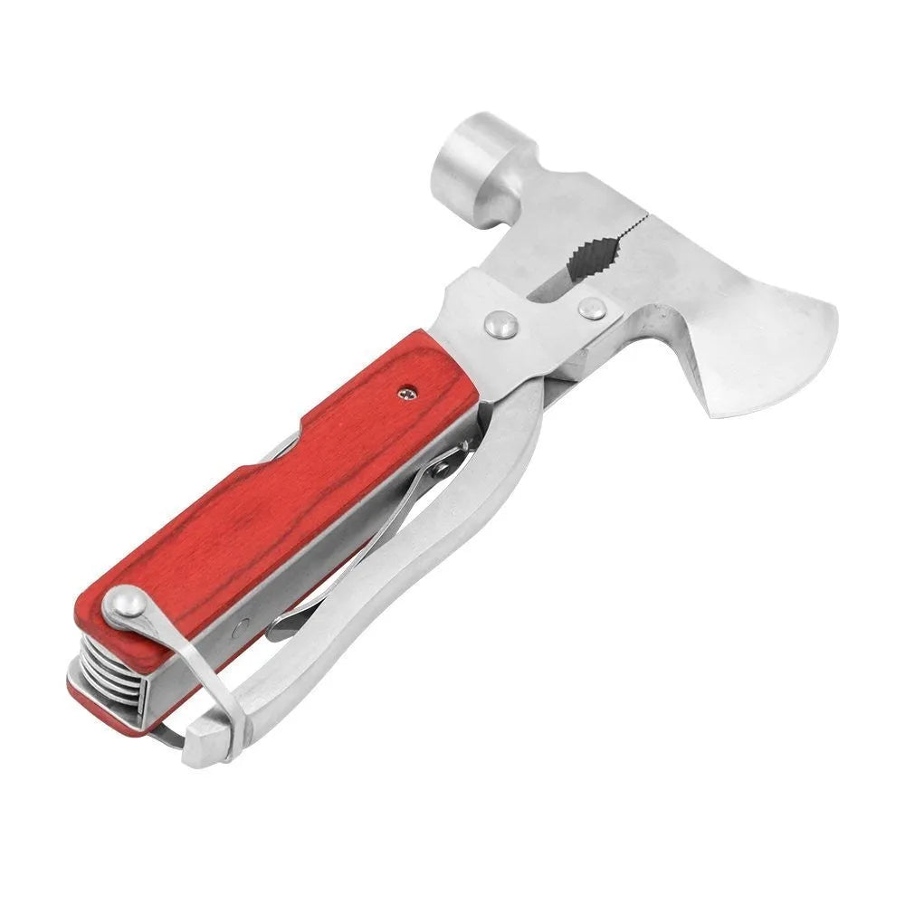 Multi-functional 16-in-1 car safety hammer with three head variants: axe, cone and claw designs