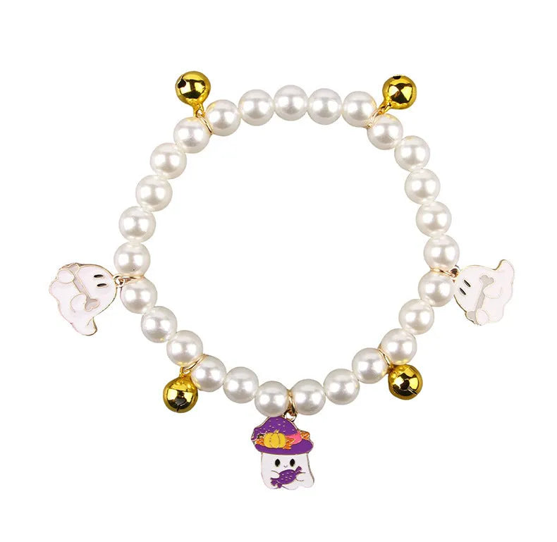 Halloween pet collar decoration with simulated pearl necklace design in purple ghost pumpkin pattern
