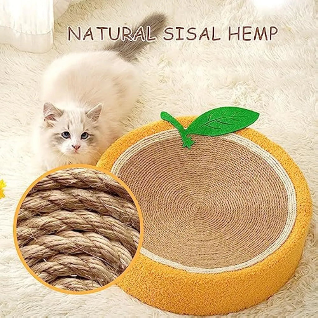 Round yellow fruit design sisal cat scratching board doubling as a cat bed.