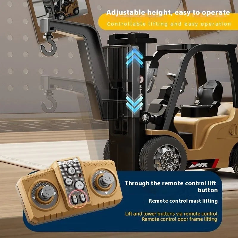 Miniature silver alloy remote control forklift toy with cargo hook on a pallet.