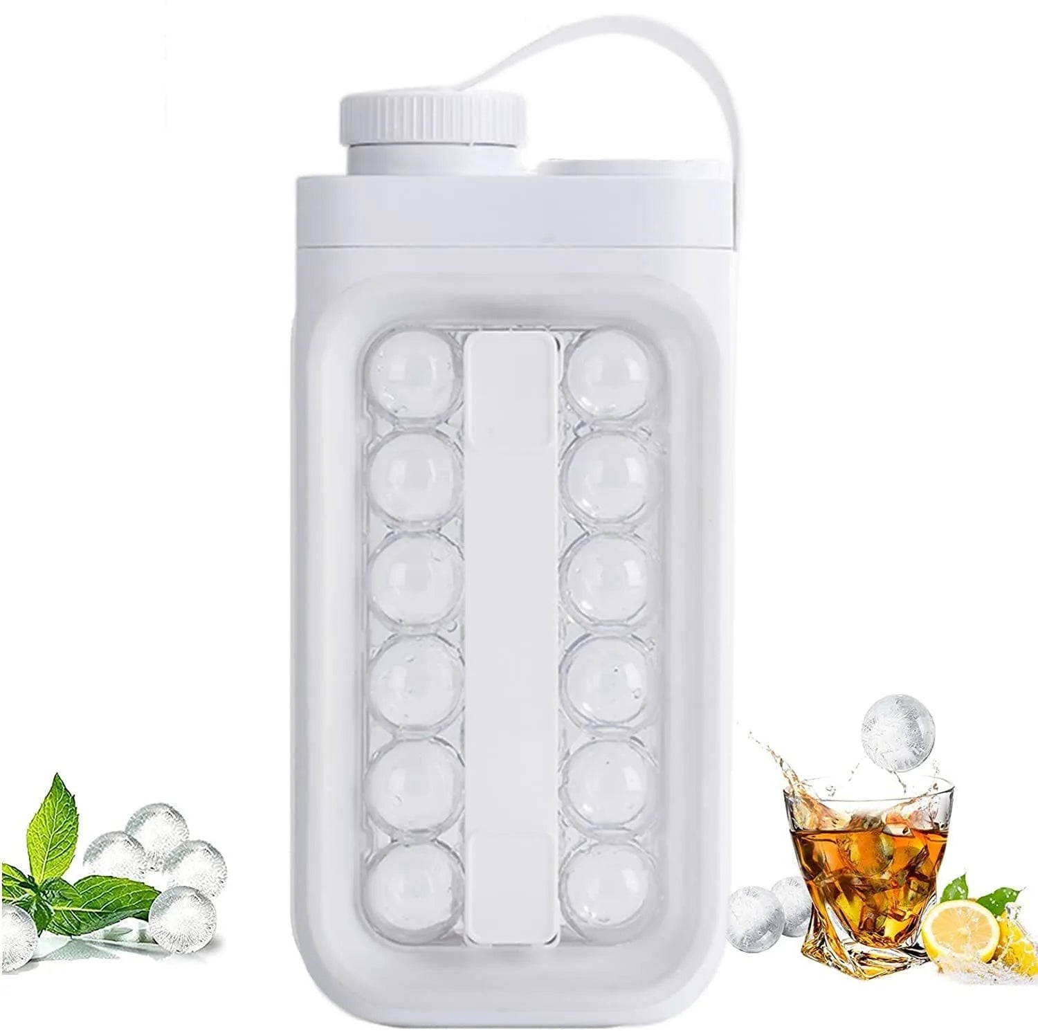 Light blue and white 2-in-1 ice ball cold kettle showing ice tray and bottle functions